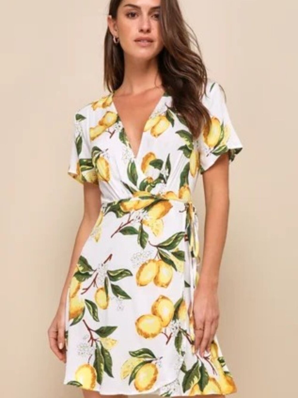 Lulu's Lemon Print Wrap Mini Dress - White & Yellow